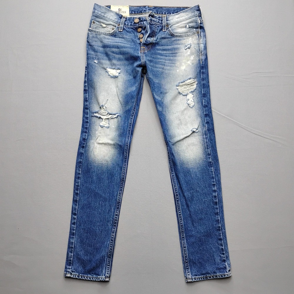 Hollister Super Skinny Distressed Jeans Mens 30x30 Blue Denim Button Fly